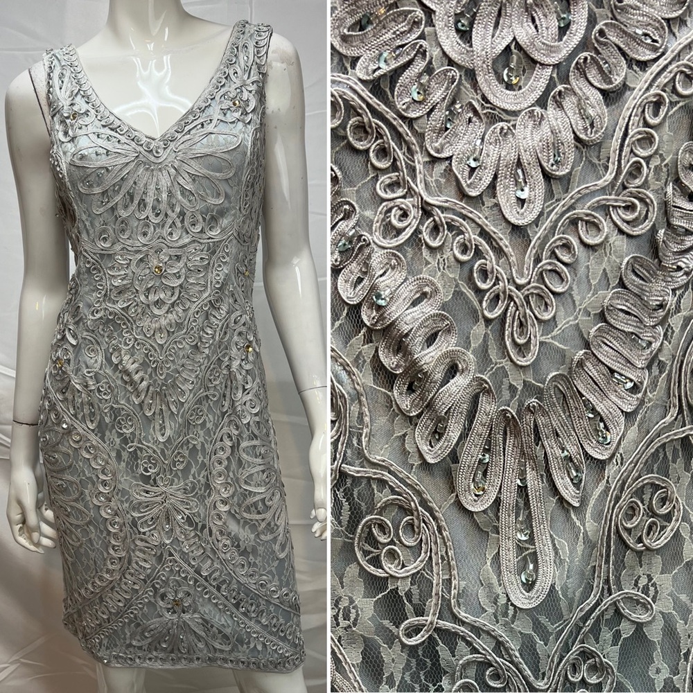 Social Occasions Mon Cheri Women’s 16 Gray Lace Silver Sequins Sheath Dress